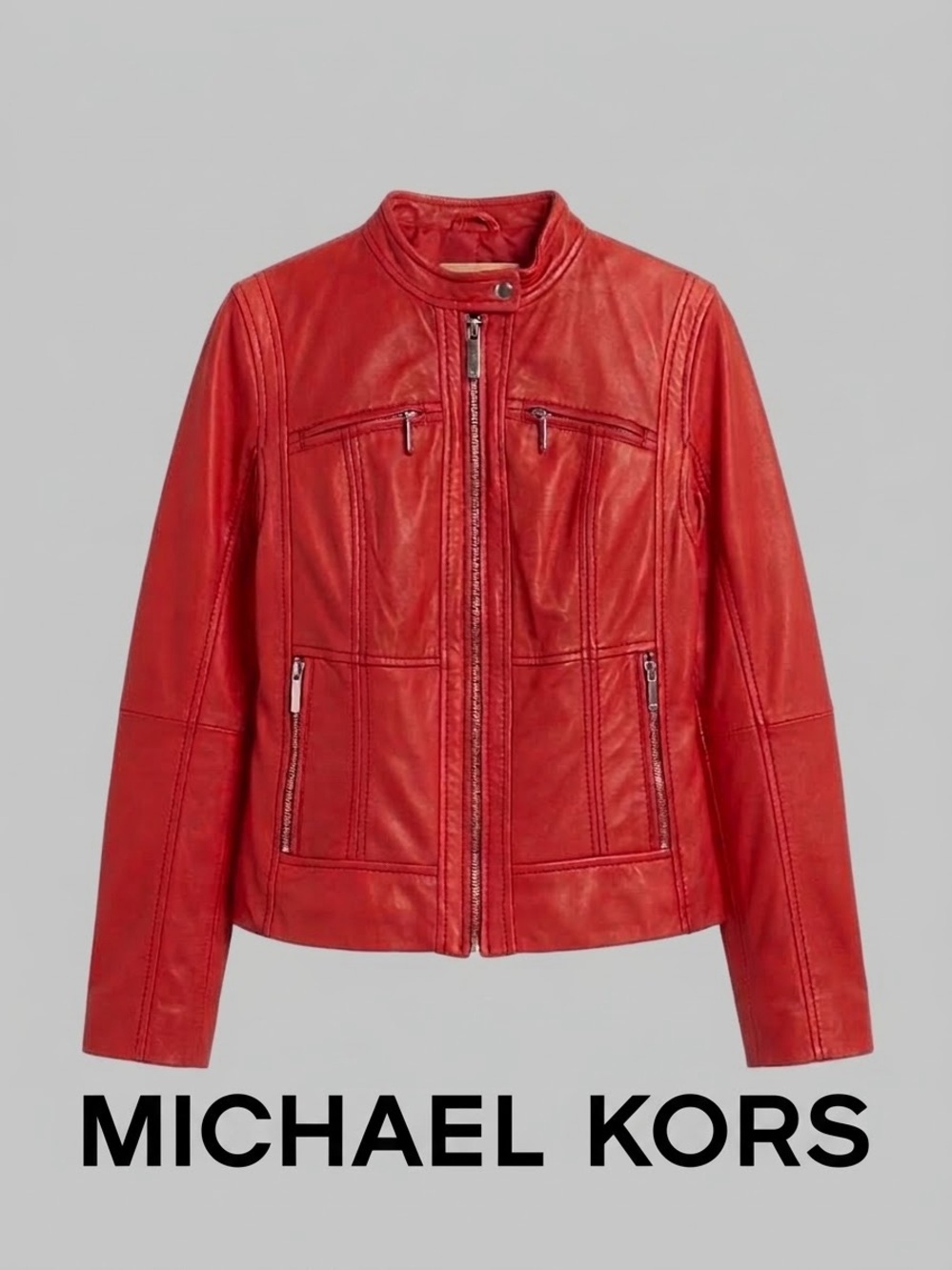 Michael Kors Red Leather Zip-Front Moto Jacket